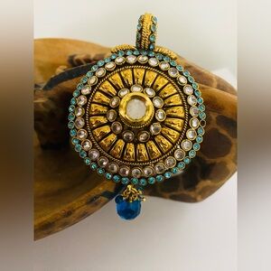 Gold Kundan-Style Bollywood Pendant – Blue & Clear Stones
